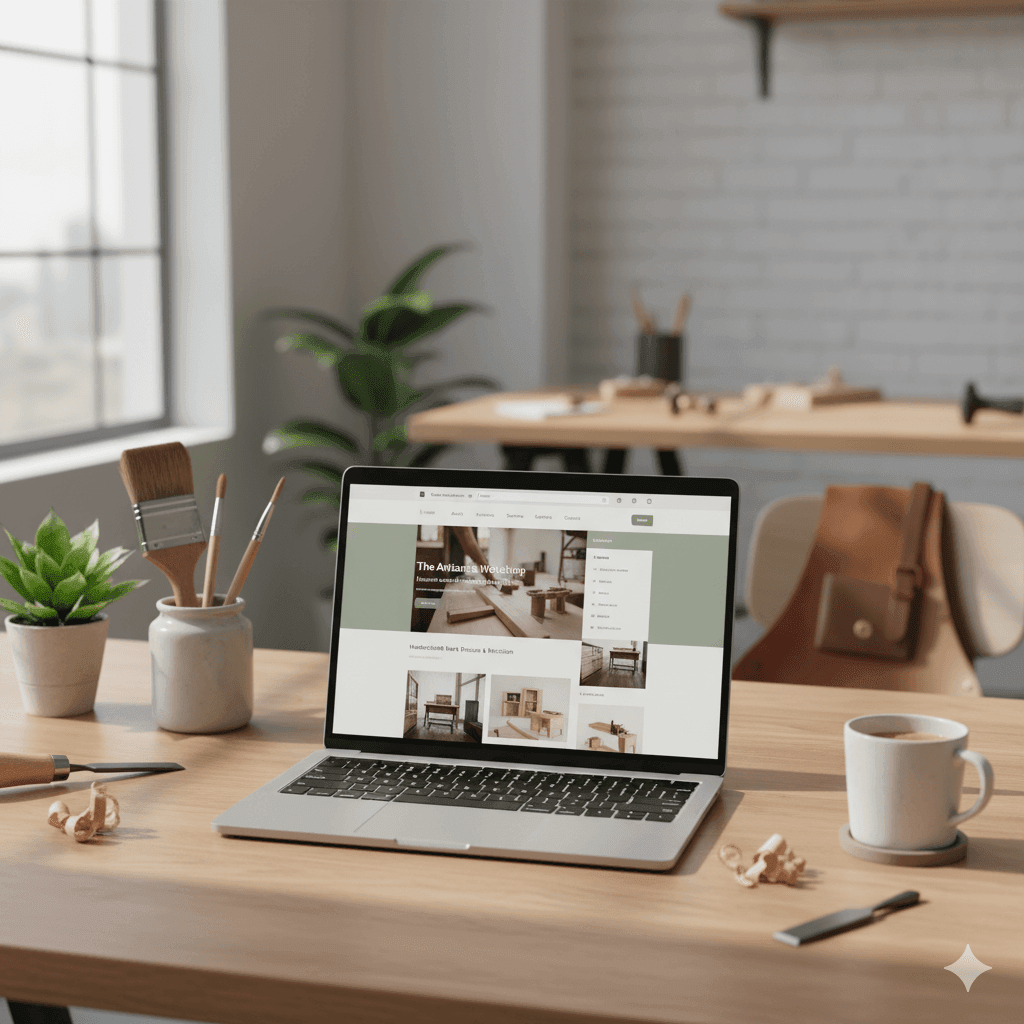 Laptop mit moderner Website für einen Handwerksbetrieb, umgeben von Werkzeugen und Holzoberfläche – steht für professionelle Website-Erstellung für Handwerker und Dienstleister.