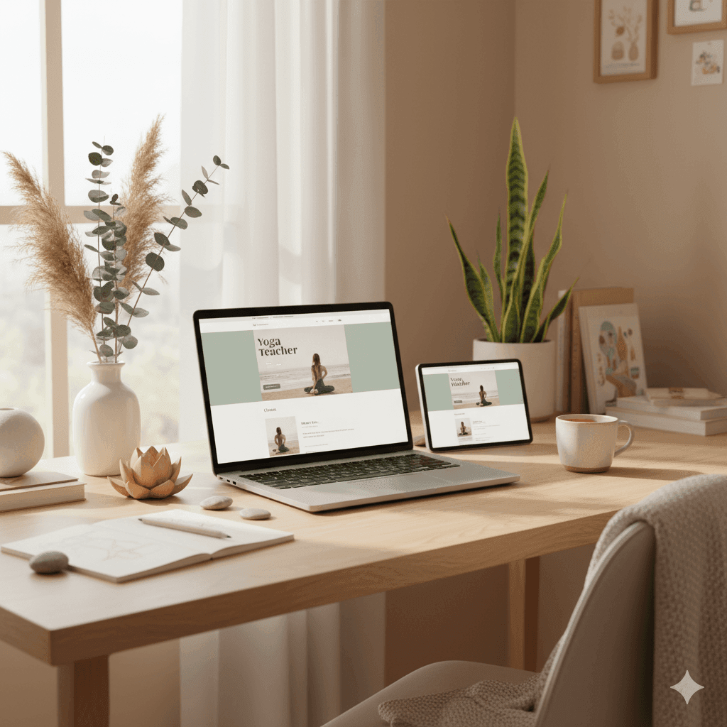 Laptop mit Website-Mockup für Yoga-Lehrer oder Handmade-Business, auf hellem Tisch mit Deko-Elementen – steht für kreative Landingpages für Selbstständige und Freiberufler.
