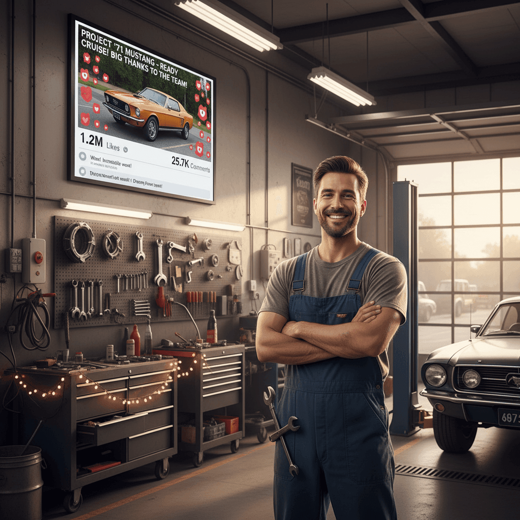 Mechaniker in Werkstatt vor Social-Media-Post – steht für Reichweite durch authentische Inhalte.