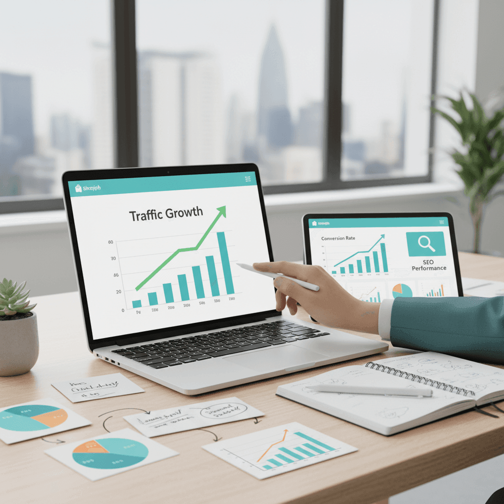 Hände zeigen auf digitale Diagramme und Marketing-Statistiken auf Laptop und Tablet – klare Strategie für Sichtbarkeit, SEO und Wachstum im E-Commerce.